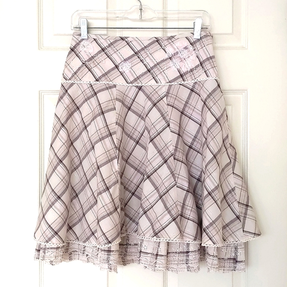 Limited Too multi color sparkling plaid skirt w/embroidery, layers and lining.